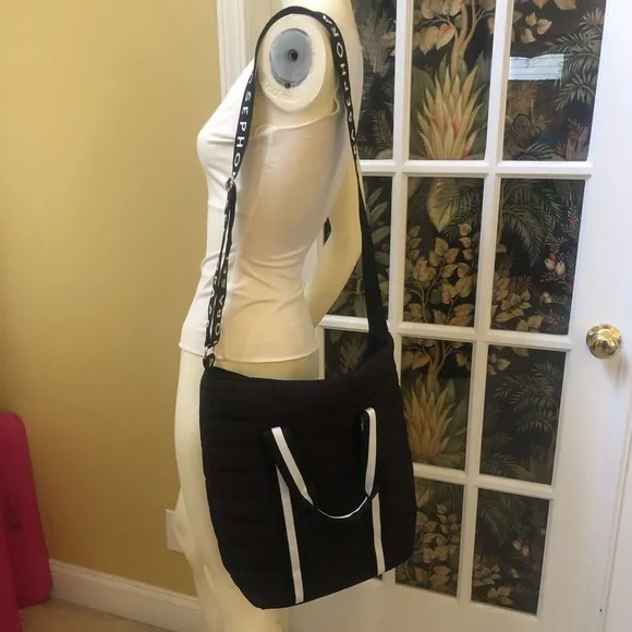 Sephora Black White north south full zip puffy nylon tote shoulder crossbody bag - Picture 3 of 10